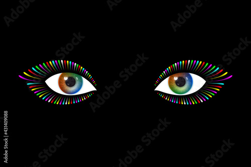Beautiful woman's eyes with multicolored irises and colored lashes