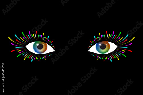 Beautiful woman s eyes with multicolored irises and colored lashes