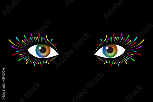 Beautiful woman's eyes with multicolored irises and colored lashes