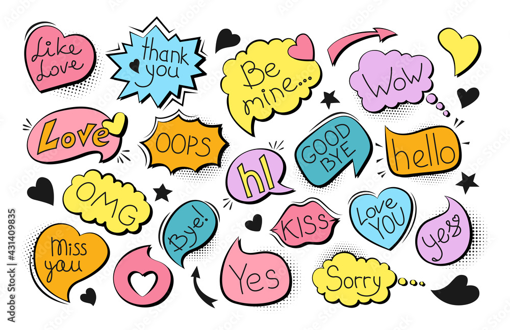 Speech bubble with text, color comic pop art set. Retro empty design elements dialog clouds halftone dot background vintage love banner. Speech thought blobs comics. Cartoon 80s-90 Vector illustration