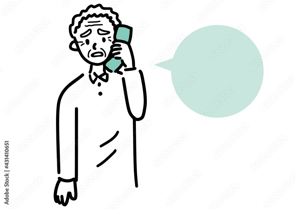 不安そうに電話する高齢者男性イラスト 不安そうに電話する高齢者男性イラスト
