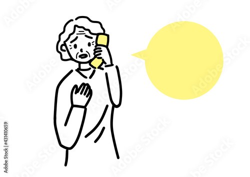 不安そうに電話する高齢者女性イラスト