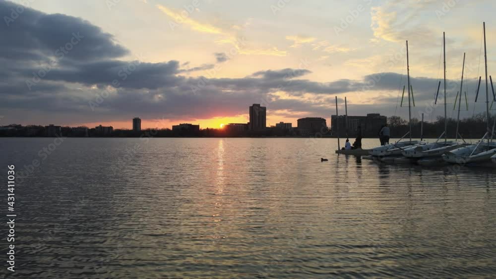 Beautiful sunset seen at Lake Bde Mka Ska in Minneapolis, minnesota aerial view over the water Beautiful sunset seen at Lake Bde Mka Ska in Minneapolis, minnesota aerial view over the water