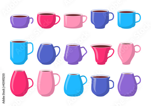 Set of template ceramic colorful mugs pink  blue. Cups with coffee  mockup icon. Different type container flat cartoon style with space for design logo  label  tea house shop menu. Vector illustration