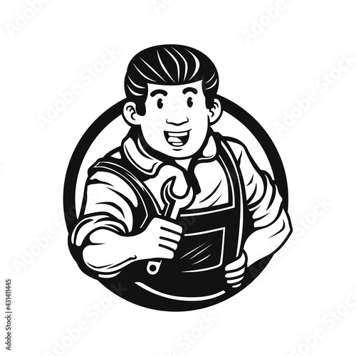 Illustration of a smiling mechanic worker holding wrench vector illustration