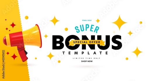 Banner advertising super bonus special offer on final sale. Announcement poster template with megaphone speaker for business and ecommerce promotion marketing limited time campaign vector illustration photo