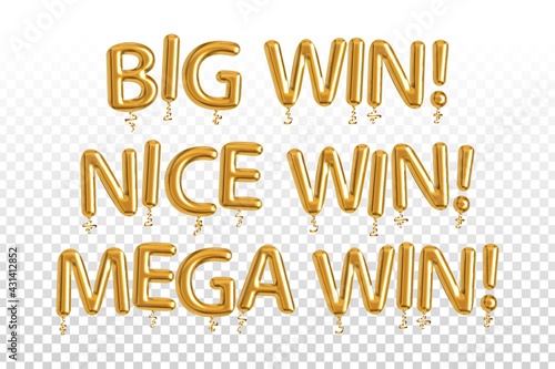 Vector realistic isolated golden balloon text of Big, Nice and Mega Win on the transparent background.