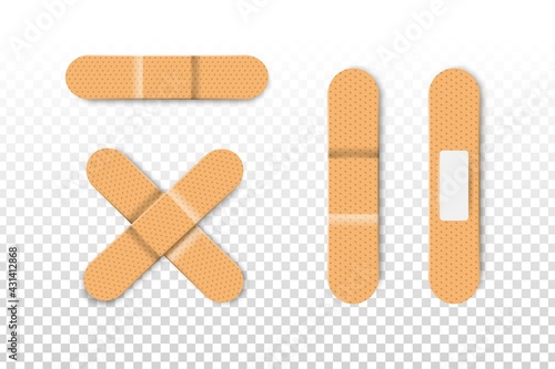 Vector set of realistic isolated bandage plasters on the transparent background.