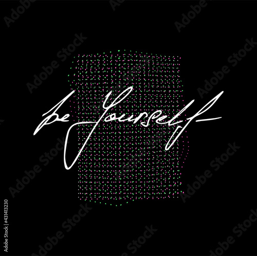 Be yourself with abstract shapes and black backgrounds. T-shirt print with deep meaning. Vaporwave in memphis elements with slogan - be yourself. Typography print for merch, apparel, t-shirt. Vector