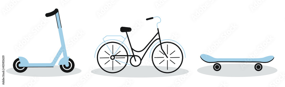 a set of three images. the set contains a bicycle, a skateboard, and a scooter