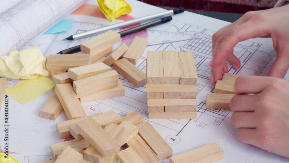 4k Architect designer Interior creative working hand playing block wood ...