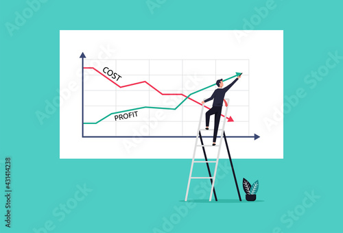Businessman drawing graphs profit vs cost reduction concept vector illustration. photo