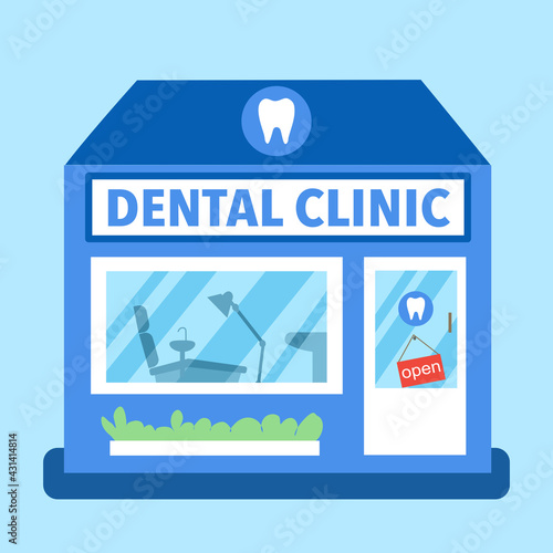 Dental clinic in flat design on blue background. Dentistry dental care.