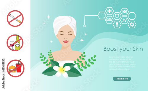 Boost your skin, dermatology, cosmetology concept. Beautiful woman in towel with brighten facial skin when stop smoking, alcohol and fast foods.