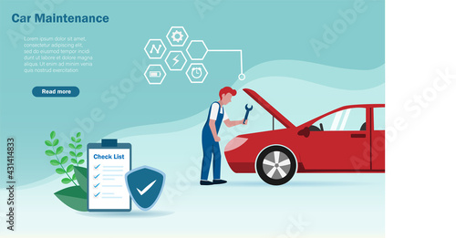 Car maintenance and repair service concept. Mechanician fixing and repairing car with check lists and warranty guard.