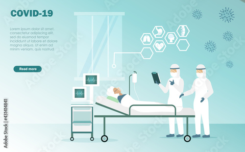 Doctors in PE suit diagnosis COVID-19 patient in isolated negative pressure room at hospital. Idea for medical treatment for covid-19 coronavirus pandemic.