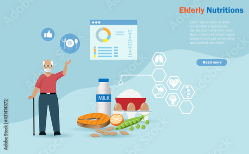 Nutrition foods for senior people. Ederly man with healthy foods for old age and nutrition lable. Healthy and proper foods for old people concept.