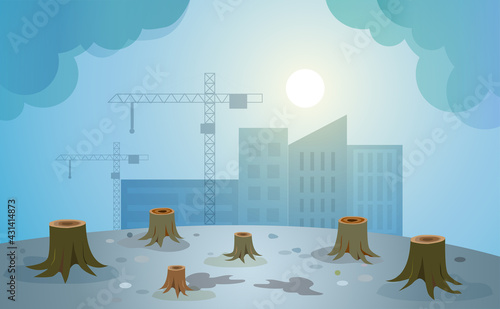 Deforestation for buildings construction with heating and climate change. Earth day,ecology environment and pollution concept.
