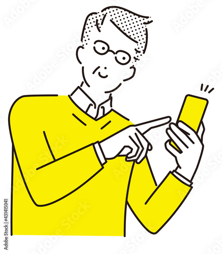 シンプル　イラスト　笑顔でスマホを指差す初老の男性