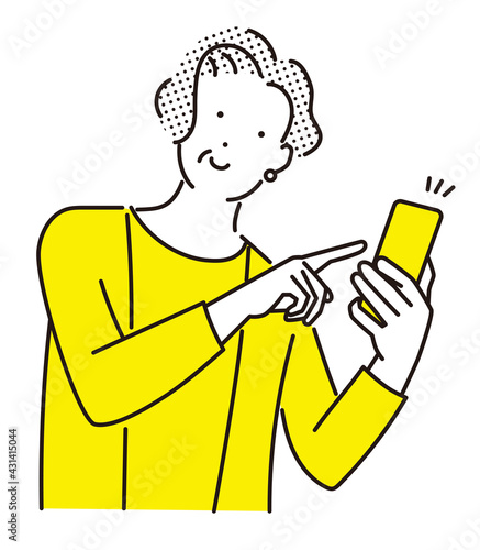 シンプル　イラスト　笑顔でスマホを指差す初老の女性