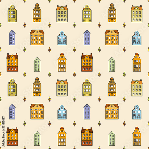 Simple seamless pattern with european holland houses and trees. Colorful old historical buildings. Vector illustration in flat style