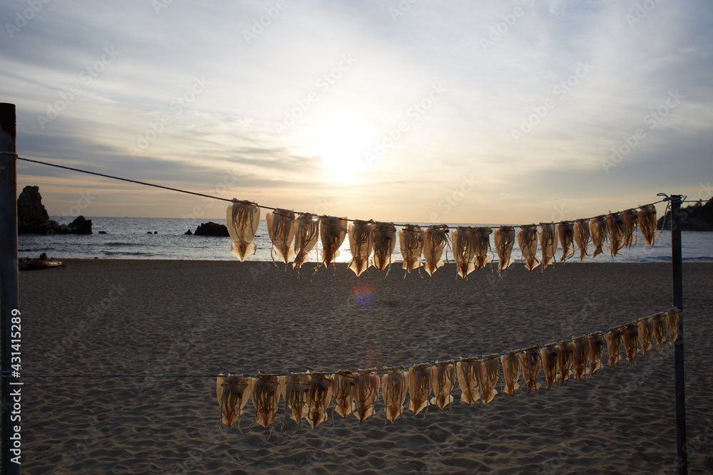 sunset on the beach with dried squid