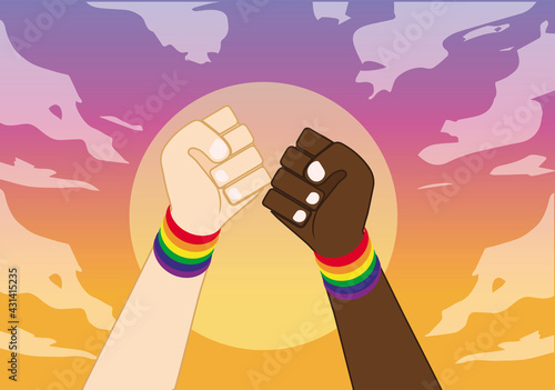 Puño, símbolo de orgullo. Ilustración vectorial, celebración y lucha por la igualdad de derechos LGBT. 