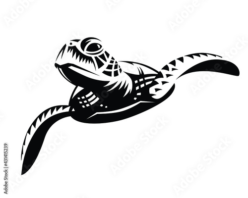 Obraz na plátně Black graphic sea turtle swimming, front view.