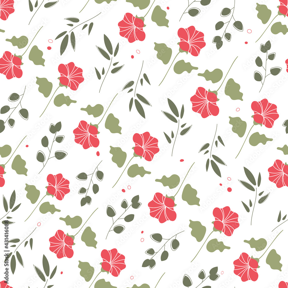 Floral seamless pattern. Simple abstract red flowers on a white background. Botanical vector illustration. 
