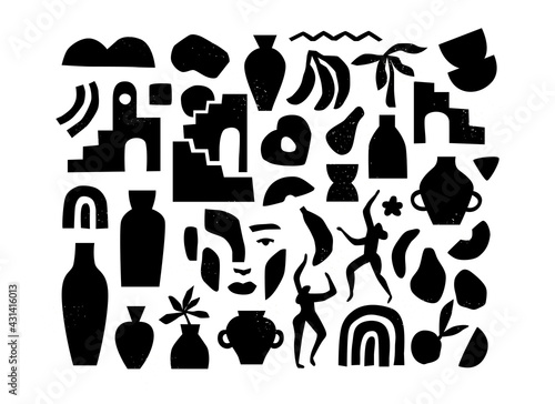 Black and white organic shape doodle collection. Funny basic shapes, random childish doodle cutouts of tropical leaf, hand and decorative abstract art on isolated background.