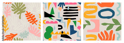 Abstract seamless pattern bundle with natural shapes, random freehand matisse wallpaper collection. Trendy fashion background includes modern minimalist art, tropical fruit and exotic summer doodles. 