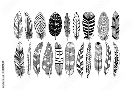 Rustic decorative feathers vector collection. Hand drawn black tribal bird feathers. Ink illustration isolated on white background. Ethnic boho style hand drawing. Outlined graphic ornament.