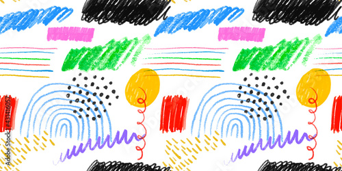 Colorful children pencil doodle seamless pattern illustration. Childish freehand scribble and hand drawn crayon shapes background.