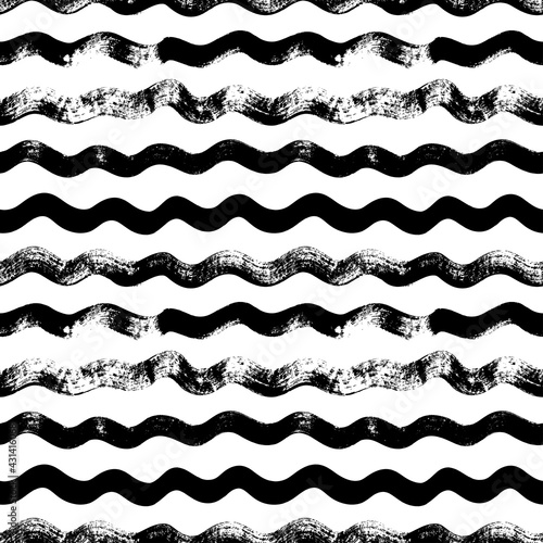 Wavy grunge lines vector seamless pattern. Horizontal brush strokes, swirls, curly lines. Black paint hand drawn background. Geometric ornament for wrapping paper. Dry brushstrokes pattern.