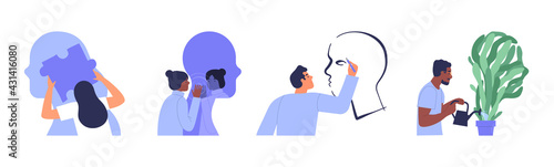 Set of diverse people taking care of mental health. Psychology therapy for different psychological disorder or depression episode. Positive self-care, problem solution, stress reduction concept.
