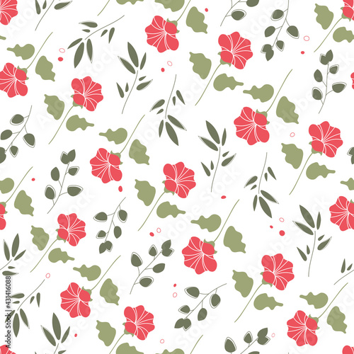 Floral seamless pattern. Simple abstract red flowers on a white background. Botanical vector illustration. 