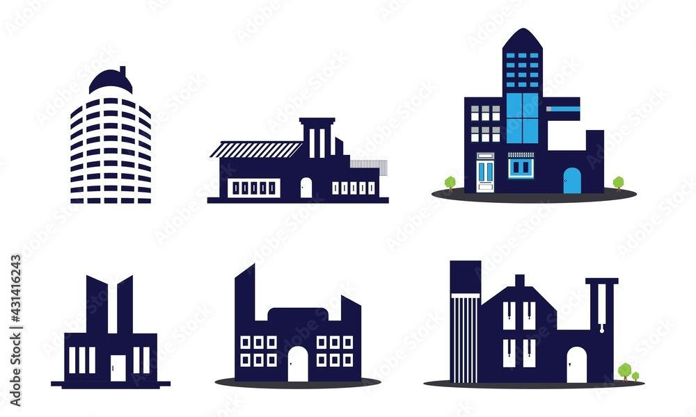 City and Urban landscape with large modern Real Estate Buildings line icon, flat, exterior collection isolated vector illustration design