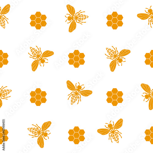 Seamless pattern with bees and honeycombs on white background. Small wasp. Vector illustration. Adorable cartoon character. Template design for invitation, cards, textile, fabric. Doodle style