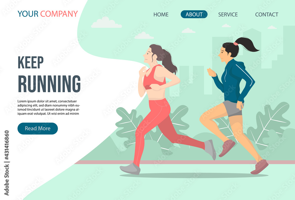 Running landing page template. Two woman running in the park. Running landing page template. Two woman running in the park.