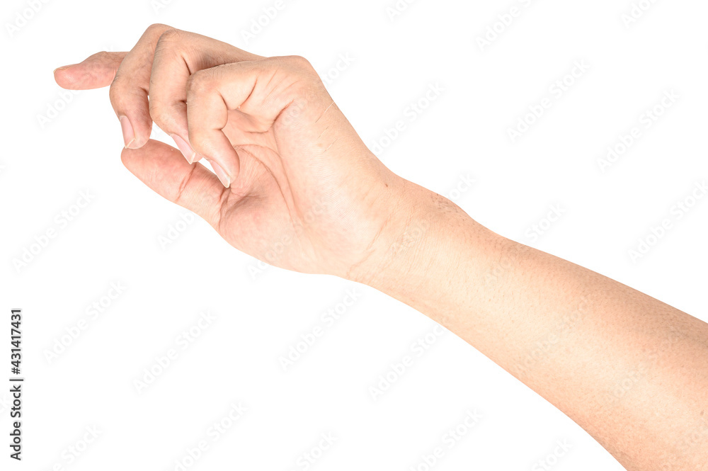 Male caucasian hand touching or pointing to something isolated on white background. Male caucasian hand touching or pointing to something isolated on white background.