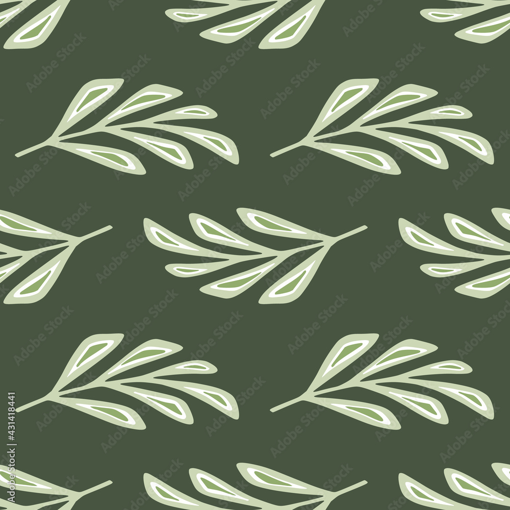 Light tones botanic abstract leaf branches elements. Green olive background. Hand drawn floral backdrop.