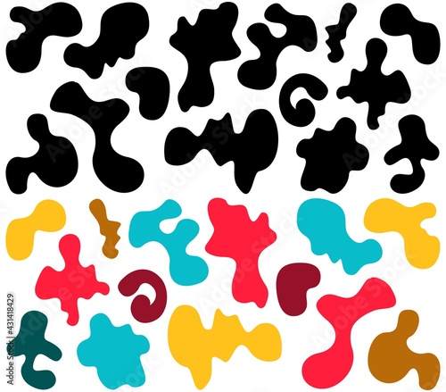 Set of random shapes of irregular form.  Black blobs, liquid, colored organic blot smooth form. Drop of fluid. Blotch, inkblot texture. Pebble, inkblot stone silhouette round abstract shape. 