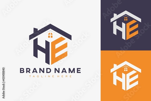 hexagon HE house monogram logo for real estate, property, construction business identity. box shaped home initiral with fav icons vector graphic template