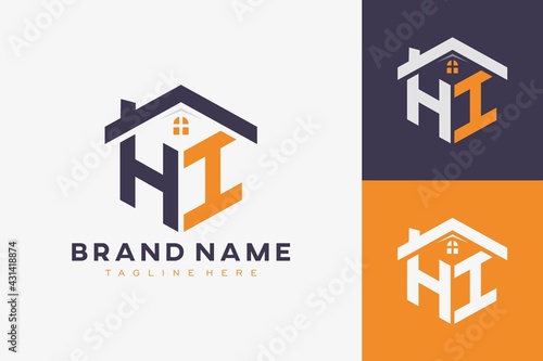 hexagon HI house monogram logo for real estate, property, construction business identity. box shaped home initiral with fav icons vector graphic template