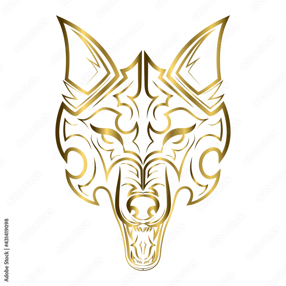 Fototapeta premium gold line art of wolf head. Good use for symbol, mascot, icon, avatar, tattoo, T Shirt design, logo or any design you want.
