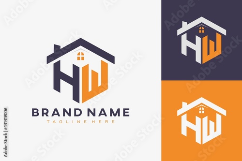 hexagon HW house monogram logo for real estate, property, construction business identity. box shaped home initiral with fav icons vector graphic template photo