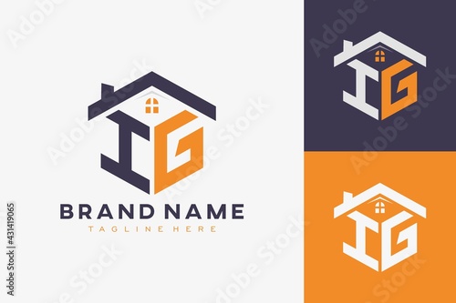 hexagon IG house monogram logo for real estate, property, construction business identity. box shaped home initiral with fav icons vector graphic template