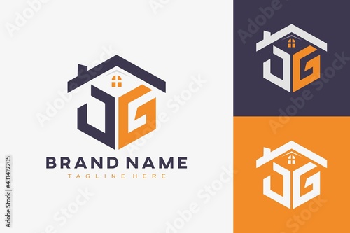 hexagon JG house monogram logo for real estate, property, construction business identity. box shaped home initiral with fav icons vector graphic template
