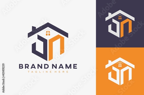 hexagon JN house monogram logo for real estate, property, construction business identity. box shaped home initiral with fav icons vector graphic template photo