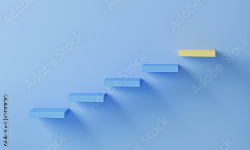Pastel blue stairs leading to yellow top step, success, top level or career minimal modern concept. Trendy 3d render for social media banners, promotion, cosmetic product show.

